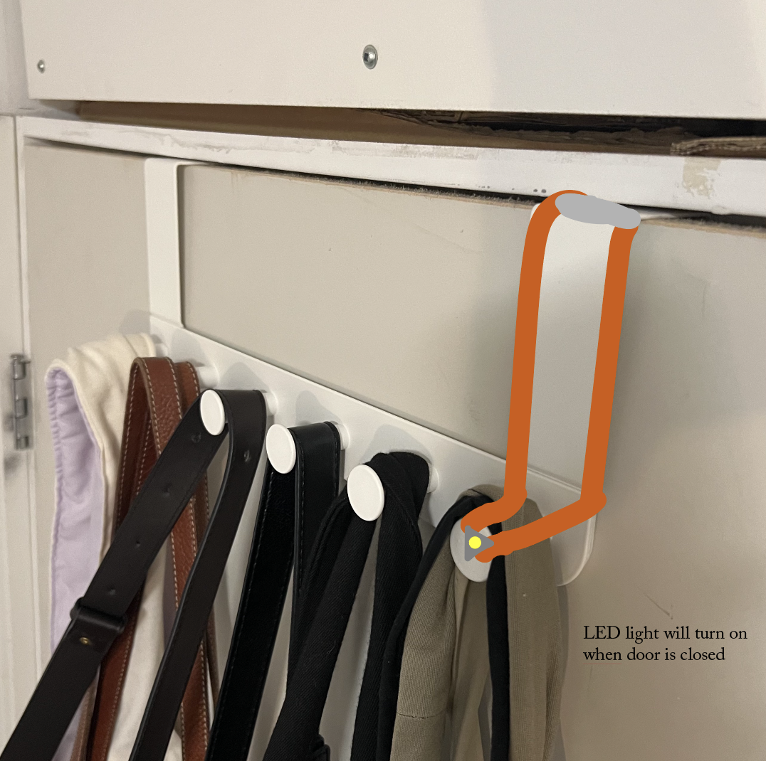 Illustration of a circuit built on the over the door hanger that has LED light on the end hook triggered when door is closed