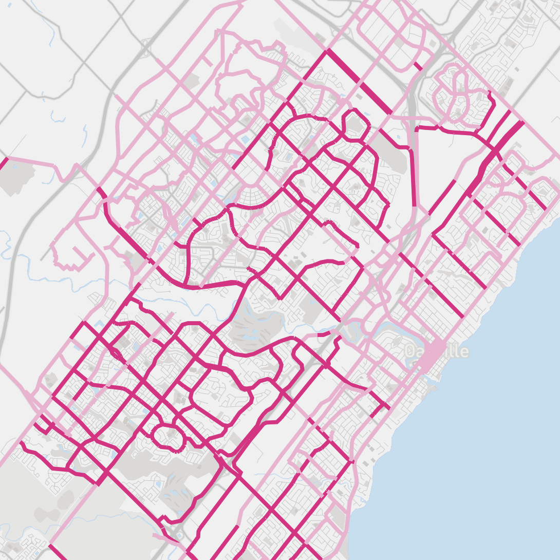 Mapbox bivariate data of cycling routes in Oakville