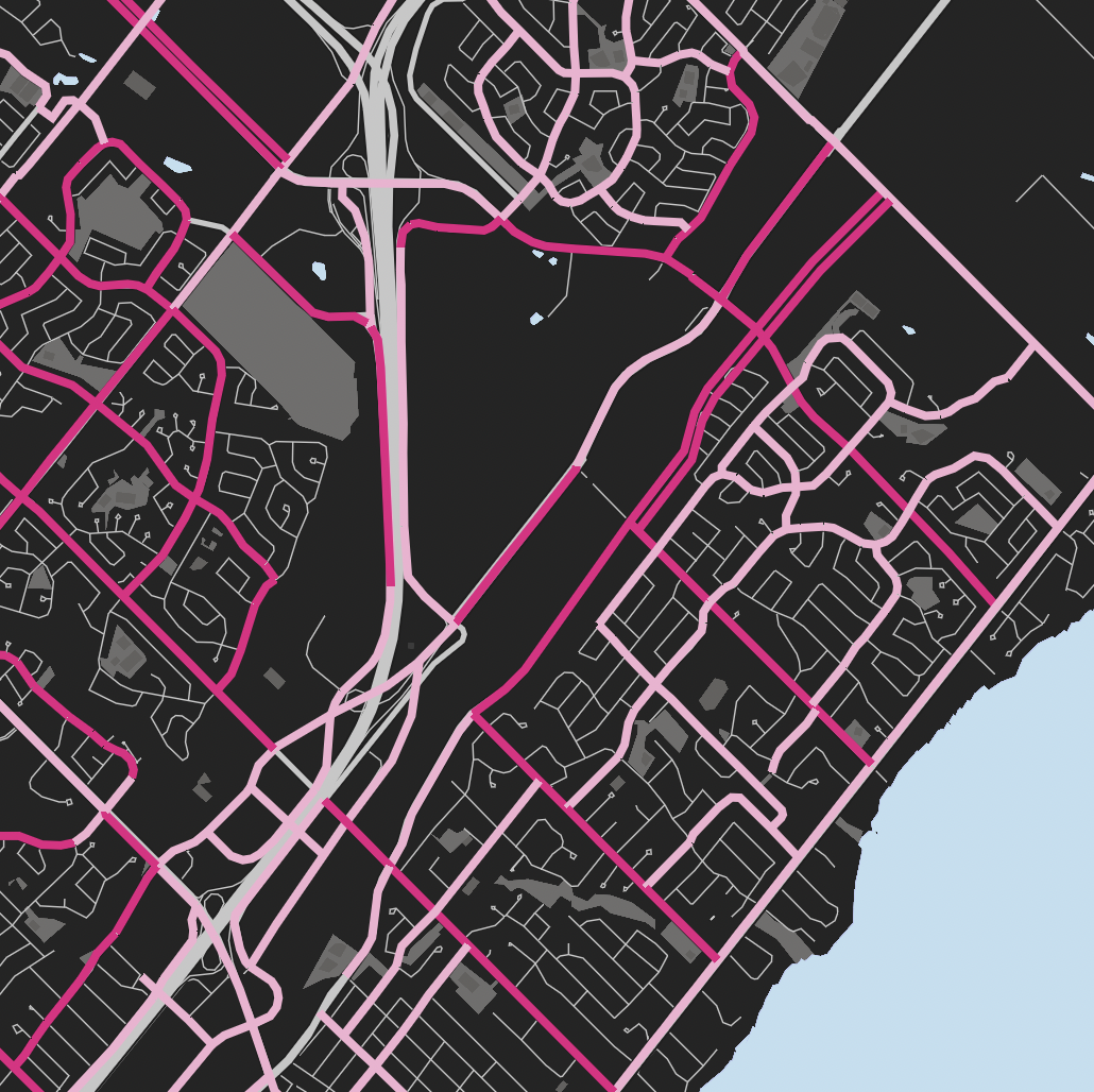 Mapbox bivariate data of cycling routes in Oakville