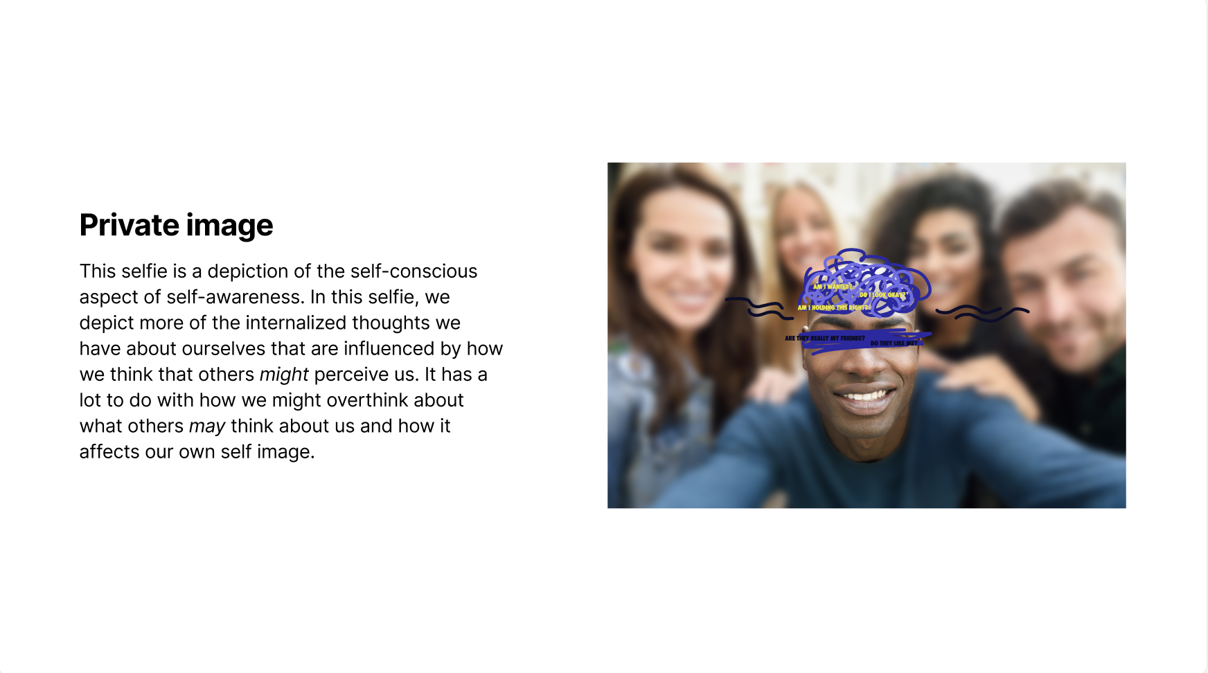 The private image selfie focuses on the individual taking the picture, and how they are the focuse of attention by being in the middle. Their thoughts are represented by the illustration and how aware they appear.